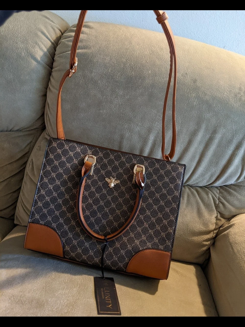 Deluxity Brown Patterned Satchel with Gold Bee Accent
